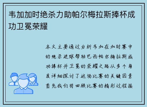 韦加加时绝杀力助帕尔梅拉斯捧杯成功卫冕荣耀