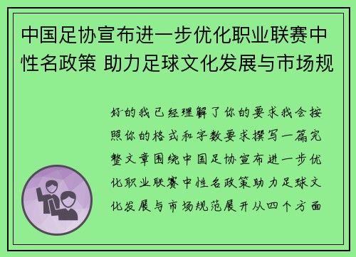 中国足协宣布进一步优化职业联赛中性名政策 助力足球文化发展与市场规范