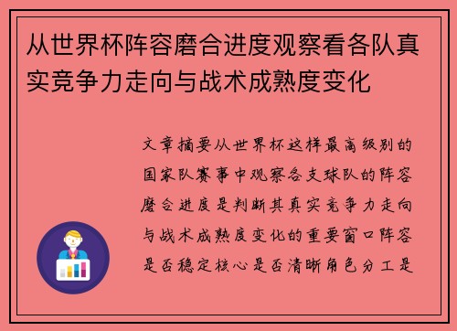 从世界杯阵容磨合进度观察看各队真实竞争力走向与战术成熟度变化