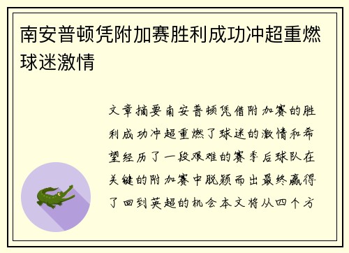 南安普顿凭附加赛胜利成功冲超重燃球迷激情