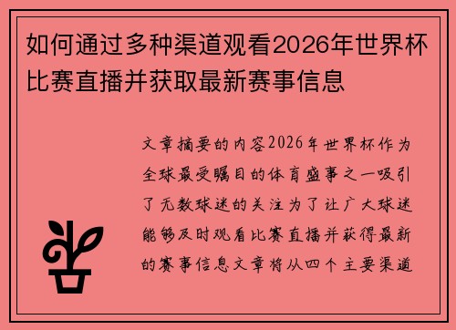 如何通过多种渠道观看2026年世界杯比赛直播并获取最新赛事信息